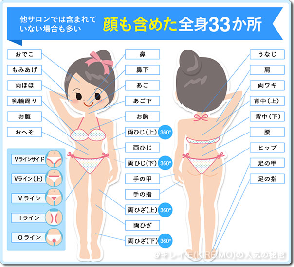 キレイモの脱毛部位33か所 キレイモの脱毛部位33か所